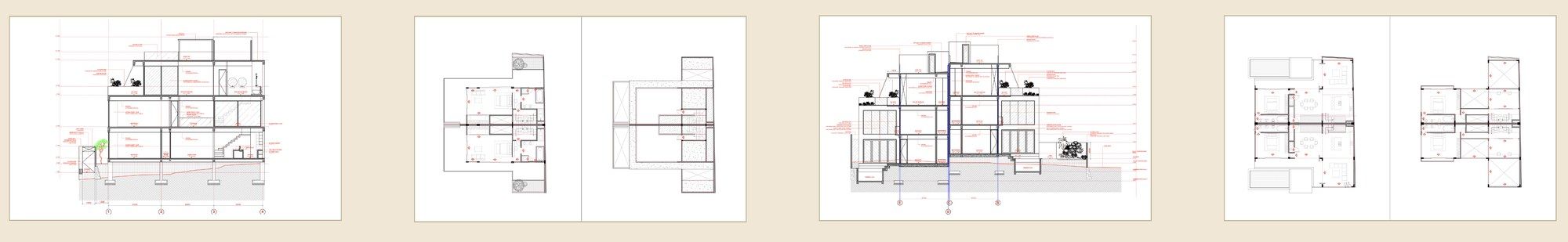 A row of architectural and structural drawings — cross-sections and floor plans of the villas.