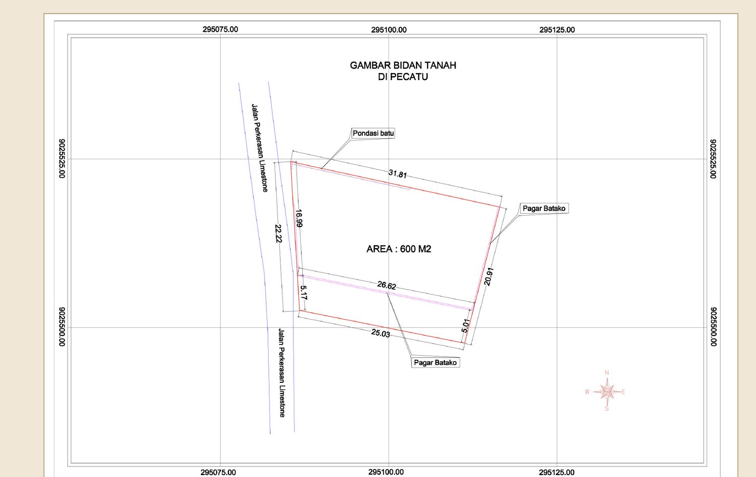 Surveyor's drawing of the plot — a 600 square-metre boundary with edge dimensions and a north arrow.