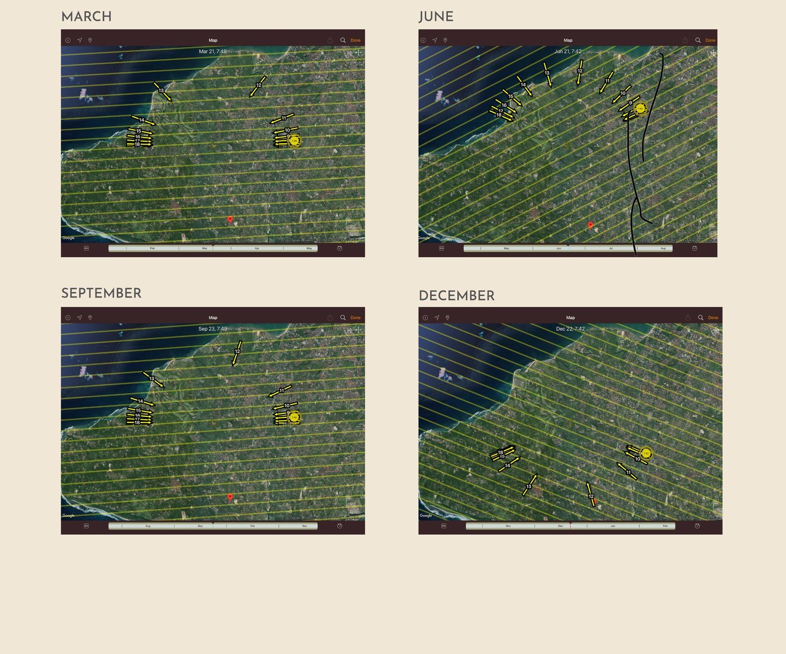 Four satellite maps of the plot showing the sun's path in March, June, September and December.